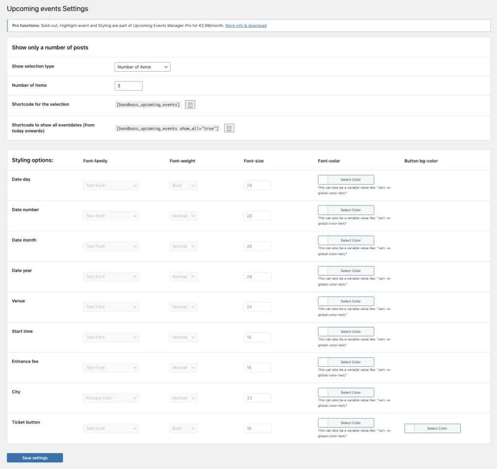 Upcoming events manager pro 5 bandboss events manager - settings